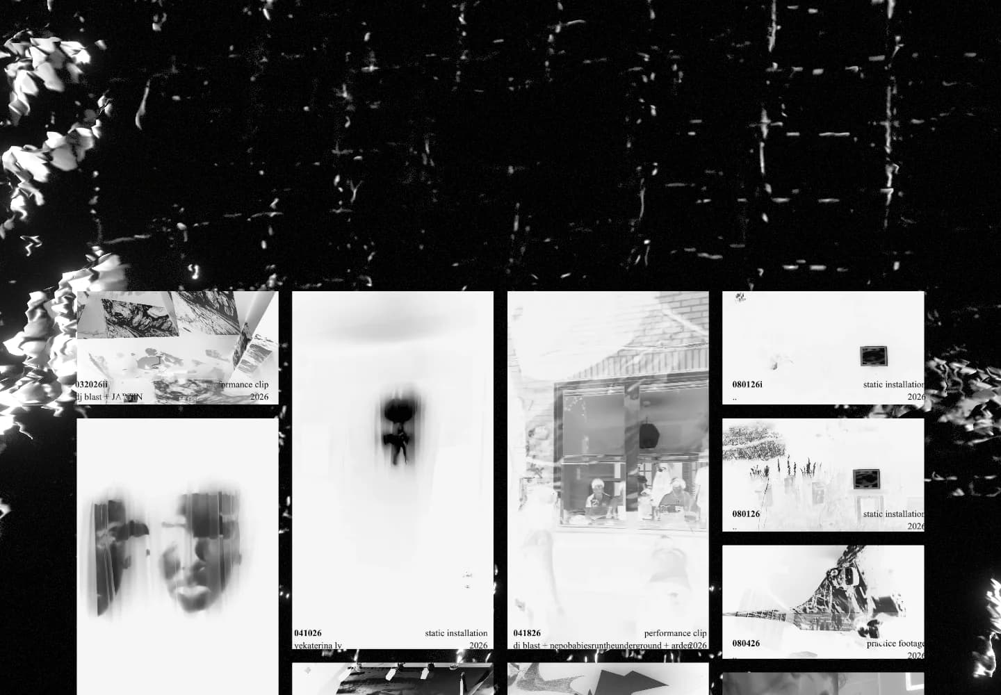 Inverted video thumbnails arranged in columns over the reactive background.