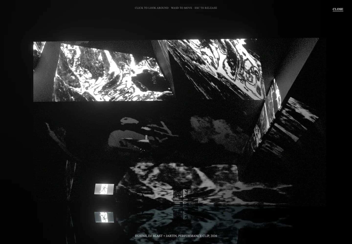 A video projected inside a dark 3D room, with grain, glowing highlights, and reflections.