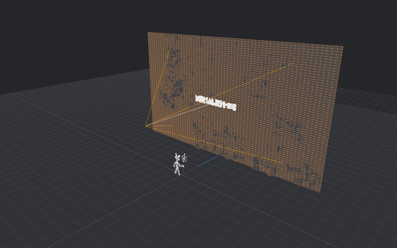 An off-angle inspection of the actual home scene: a wireframe video plane, floating wordmark, floor artwork, grid, and camera guides.