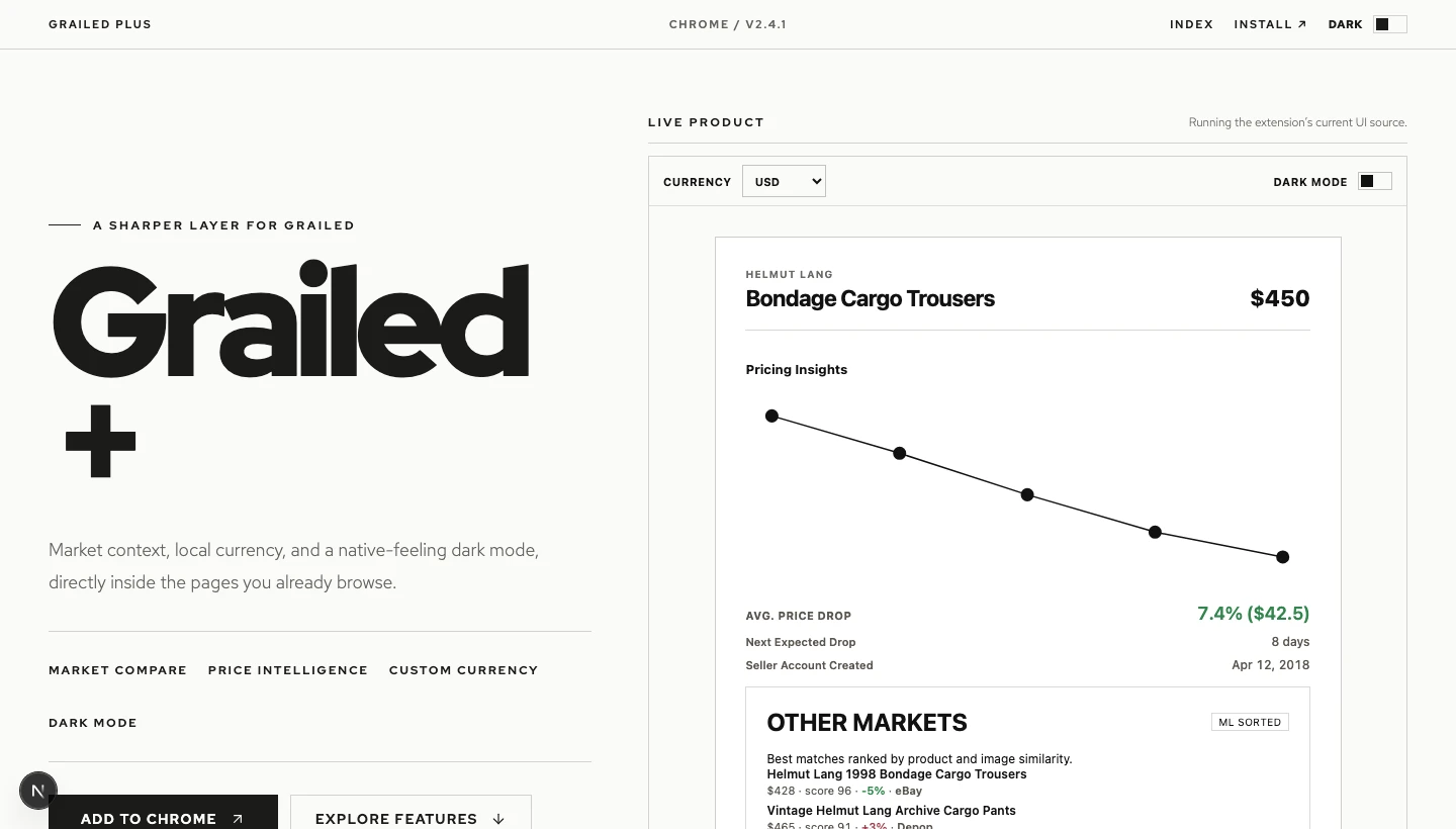 Grailed listing with Grailed Plus pricing insights and market comparison