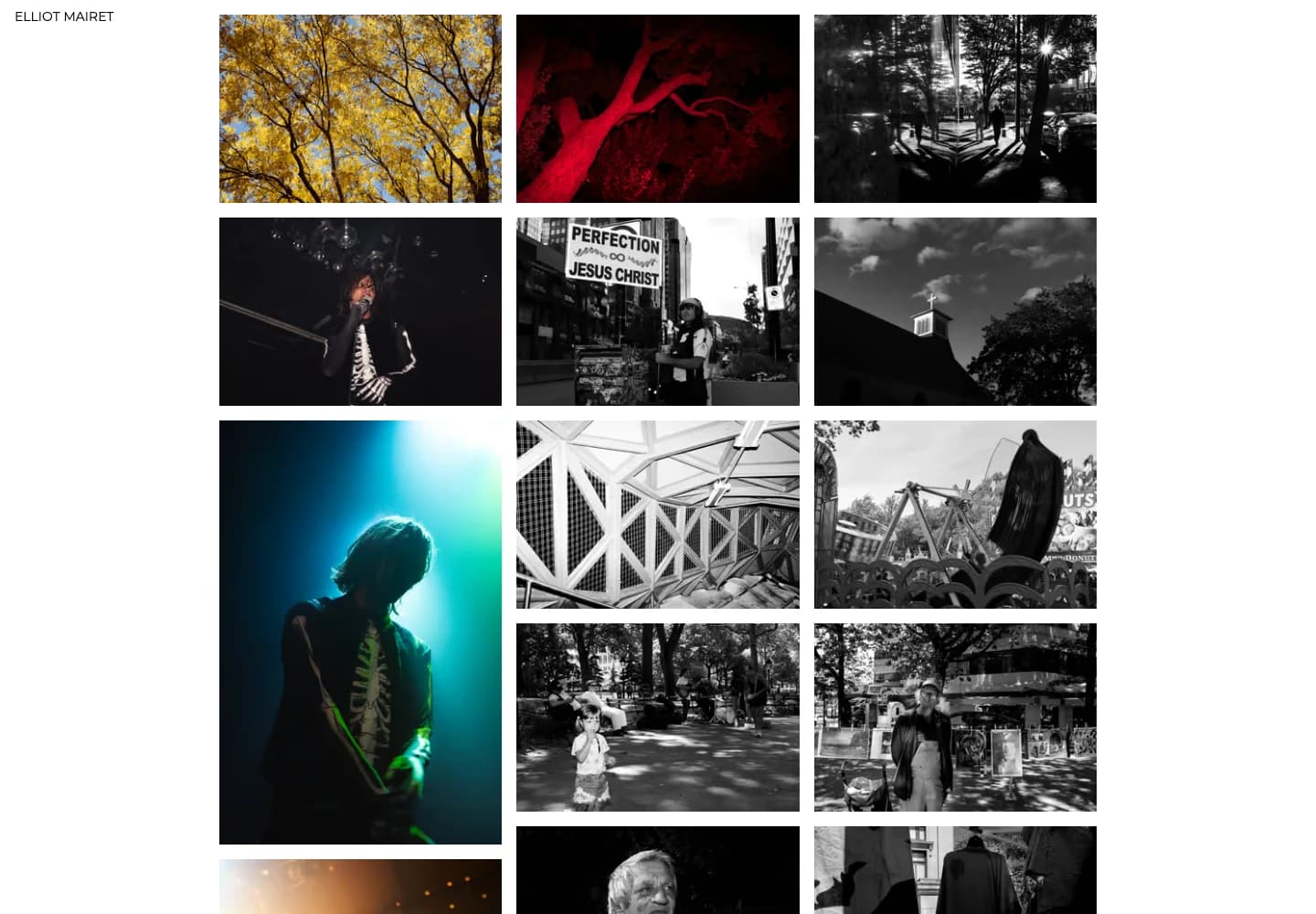 Elliot Mairet's archive: a three-column index of colour and black-and-white photographs on a white page.
