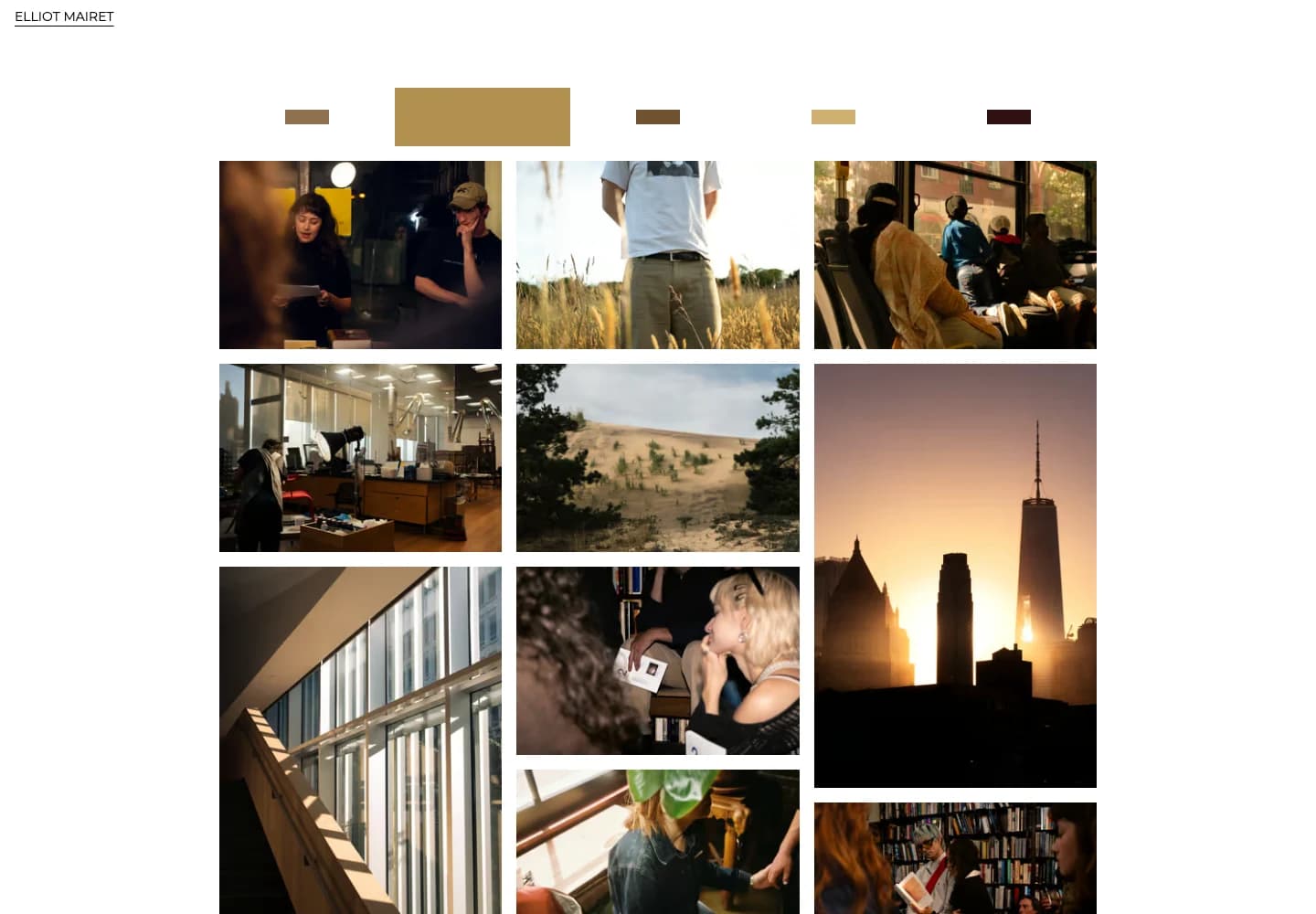 The ochre palette swatch selected above a grid of photographs with warm brown and gold tones.